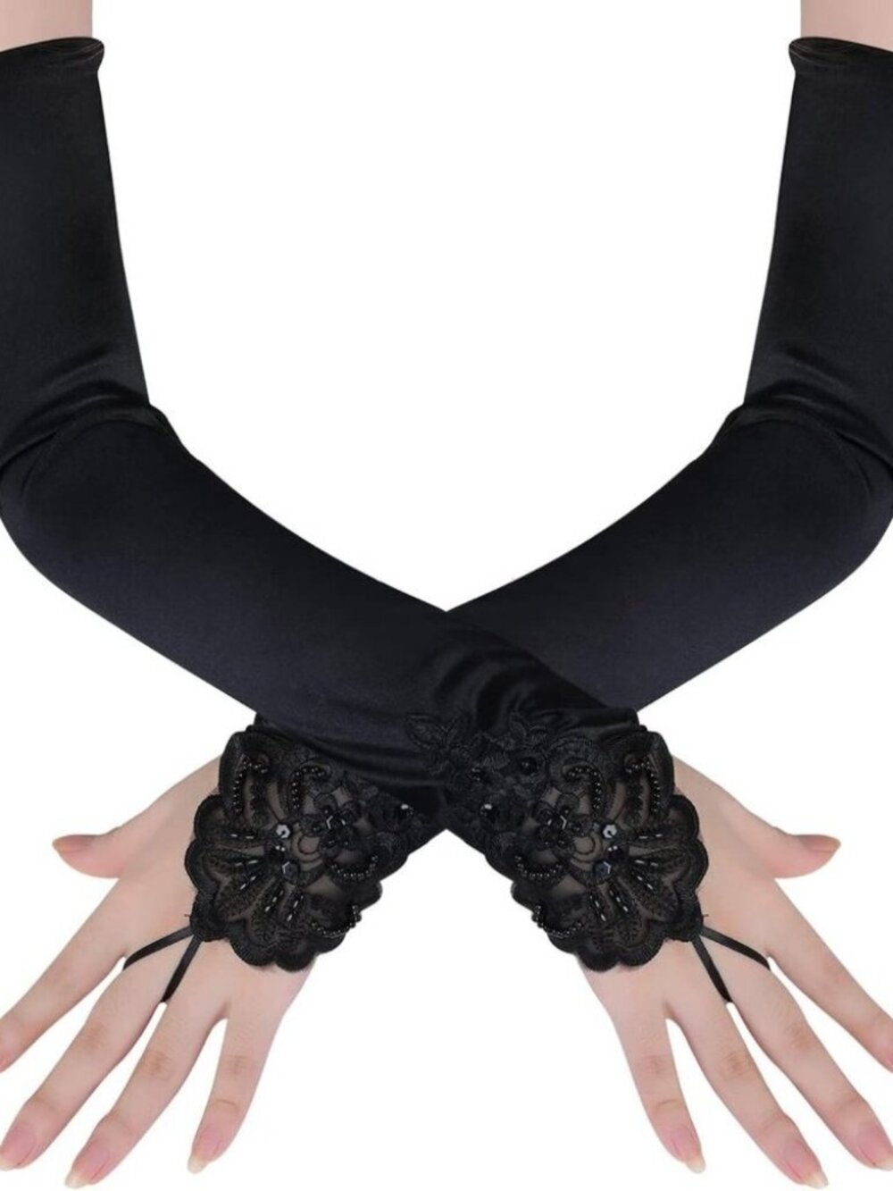 Women's Long Smooth Black Long Opera Party 20s Satin Glove Stretchy Elbow Length